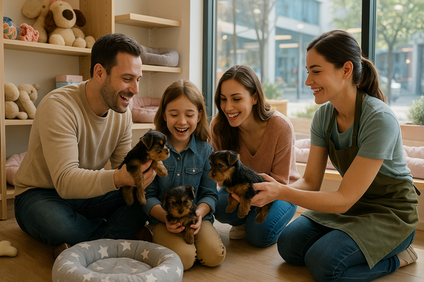 Young family bonding with Yorkshire Terrier puppies in a cozy, modern pet shop assisted by a smiling employee.