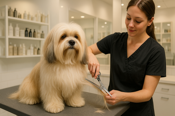 Lhasa Apso dog calmly sitting on a grooming table while a groomer trims its long fur in a bright modern pet spa.