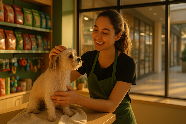 Funcionária sorridente acaricia um cão pequeno após o banho em pet shop moderno com prateleiras coloridas ao fundo.