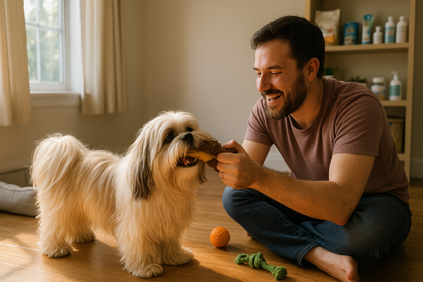 Cão Lhasa Apso de pelagem longa brincando com seu tutor em ambiente doméstico iluminado pela luz da manhã, com brinquedos, caminha e prateleiras com produtos pet ao fundo