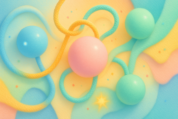 Composição abstrata com esferas translúcidas, cordas onduladas e texturas suaves entrelaçadas em cores pastel como azul bebê, rosa claro, amarelo suave e verde menta, irradiando do centro em espirais com sensação lúdica de crescimento e descoberta.