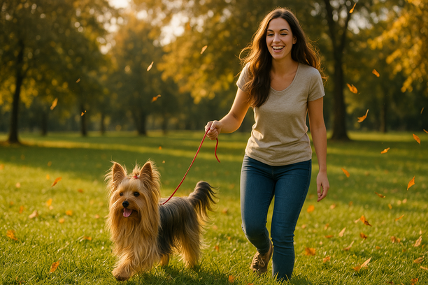 Yorkshire Terrier de pelo longo caminha em parque ensolarado ao lado de jovem sorridente com guia vermelha, entre grama verde e folhas douradas caindo