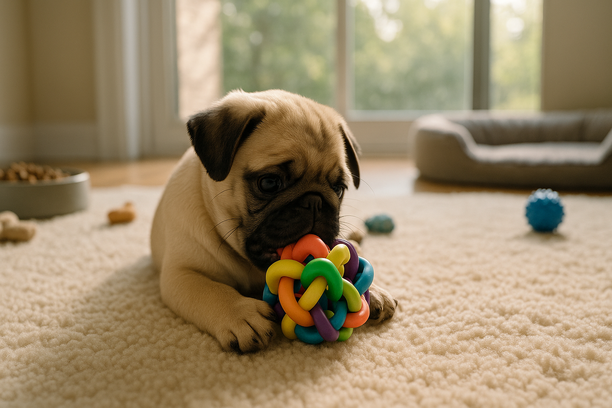 Filhote de Pug brincando com brinquedo de borracha colorido sobre tapete em sala iluminada por luz natural, com tigela de ração e caminha ao fundo