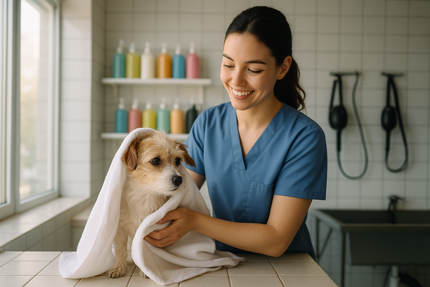 Funcionária de pet shop seca cachorro pequeno com toalha macia em sala de banho e tosa bem iluminada