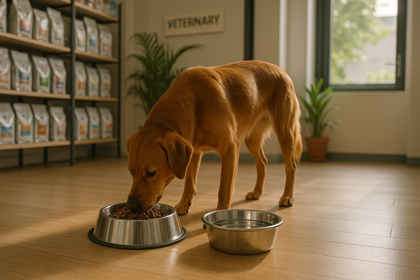 Cão de porte médio com pelagem brilhante comendo ração em comedouro de inox, ao lado de tigela de água, em pet shop com clínica veterinária iluminada pela luz da manhã.